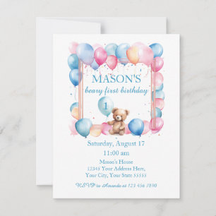 Nalle Colorful Ballon Beary First Birthday Inbjudningar
