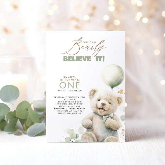 Nalle Cute Birthday Party Inbjudningar (Bear Themed 1st Birthday Invitations - We Can Bearly Believe It!)