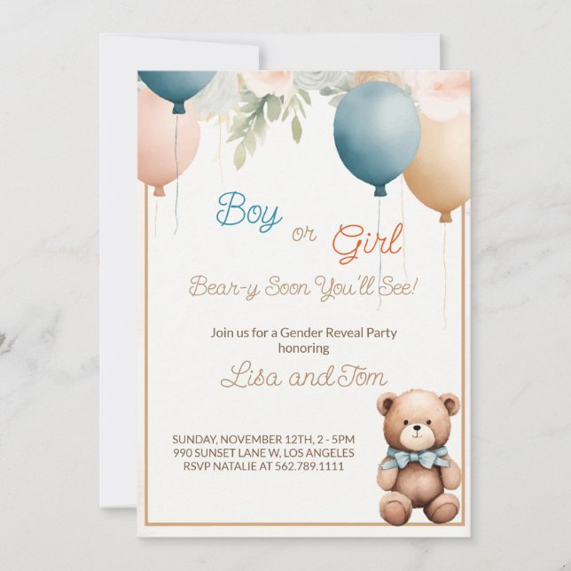 Nalle: Cute Gender Reveal bjudan Inbjudningar (Framsida)