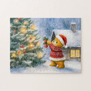 Nalle Dekorera ett Julgran när det snöar Pussel