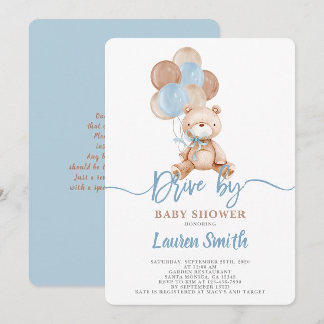 Nalle Drive by Baby Shower Boy Inbjudningar (Fram/baksida)