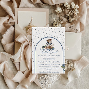 Nalle Dusty Blue Berry Sweet Baby Shower Inbjudningar