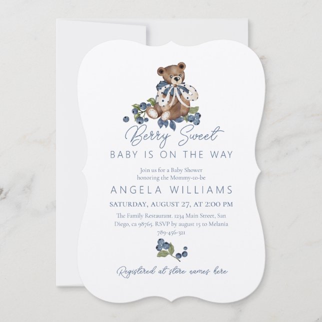 Nalle Dusty Blue Berry Sweet Baby Shower Inbjudningar (Framsida)