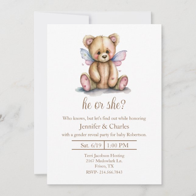 Nalle Fairy Gender Reveal Party Inbjudningar (Framsida)