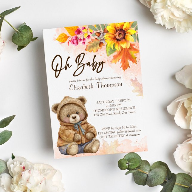 Nalle - fall höstbabydusch inbjudningar (Cute teddy bear fall baby shower invitation template instant download oh baby invite autumn foliage)