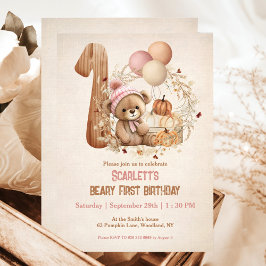 Nalle Fall Pumpkins Girl Beary 1:a födelsedagen Inbjudningar