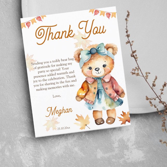 Nalle flicka faller födelsedagsfest tack vare ditt (Cute Teddy bear girls birthday party thank you cards cute teddy dressed in a dress and hair bow)