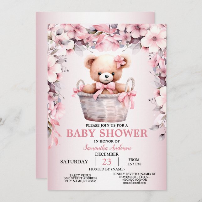 Nalle Flicka Rosa Flowers Baby Shower Inbjudningar (Fram/baksida)