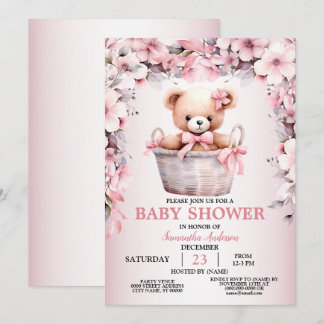 Nalle Flicka Rosa Flowers Baby Shower Inbjudningar
