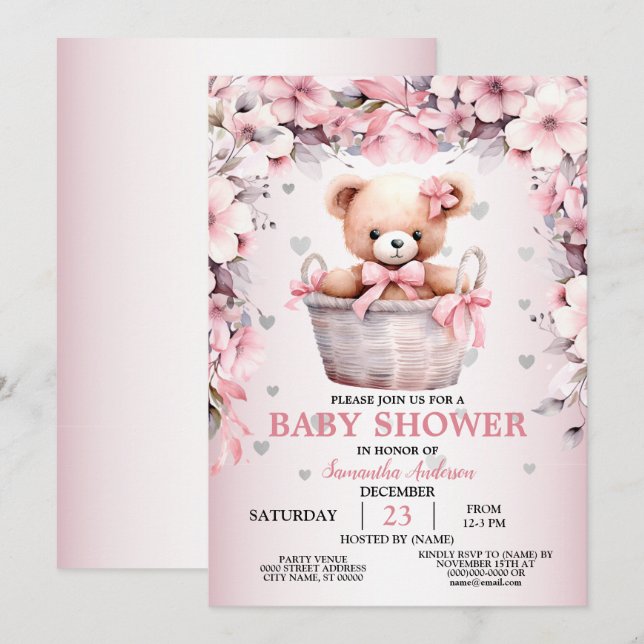 Nalle Flicka Rosa Flowers Baby Shower Inbjudningar (Fram/baksida)