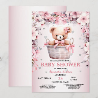 Nalle Flicka Rosa Flowers Baby Shower Inbjudningar