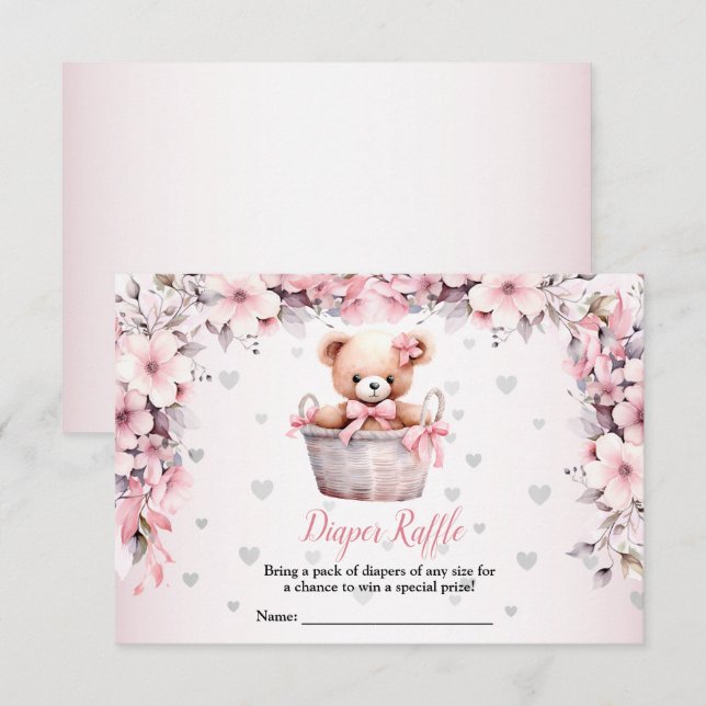 Nalle Flicka Rosa Flowers Baby Shower Tilläggskort (Fram/baksida)