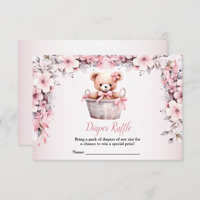 Nalle Flicka Rosa Flowers Baby Shower Tilläggskort (Fram/baksida)