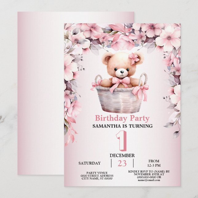 Nalle Flicka Rosa Flowers Party Elegant  Inbjudningar (Fram/baksida)