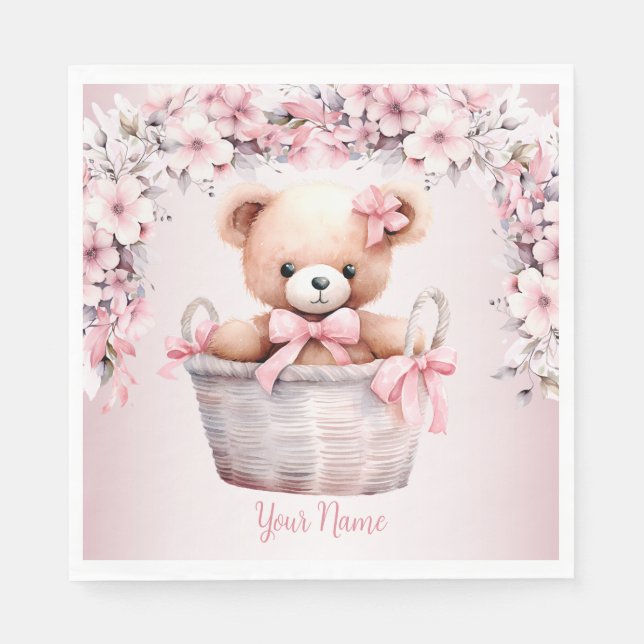 Nalle Flicka Rosa Flowers Party Elegant  Pappersservett (Framsidan)