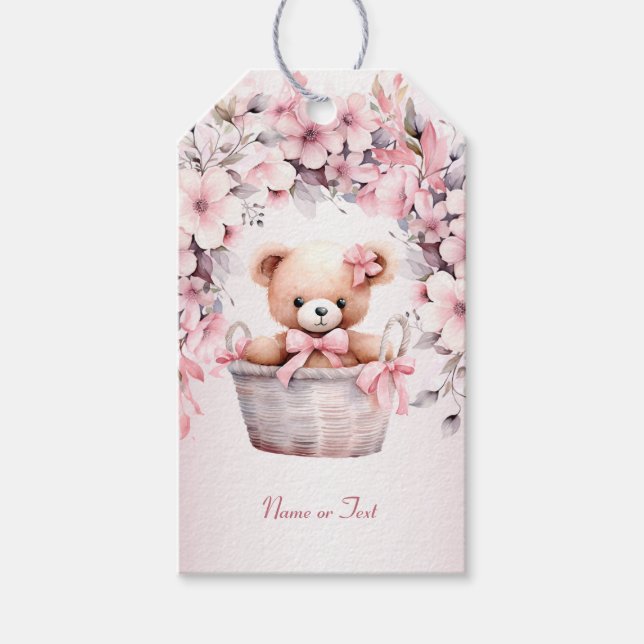 Nalle Flicka Rosa Flowers Party Elegant  Presentetikett (Framsidan)