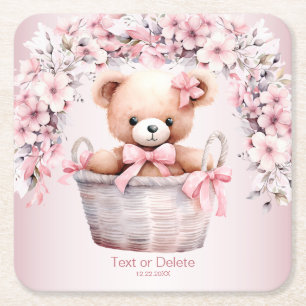 Nalle Flicka Rosa Flowers Party Elegant Underlägg Papper Kvadrat
