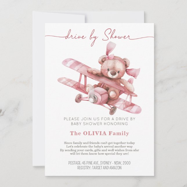 Nalle Flygplan | Baby Shower by Mail Rosa Inbjudningar (Framsida)