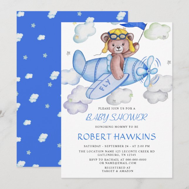Nalle Flygplan EDITABLE Baby Shower Inbjudningar (Fram/baksida)