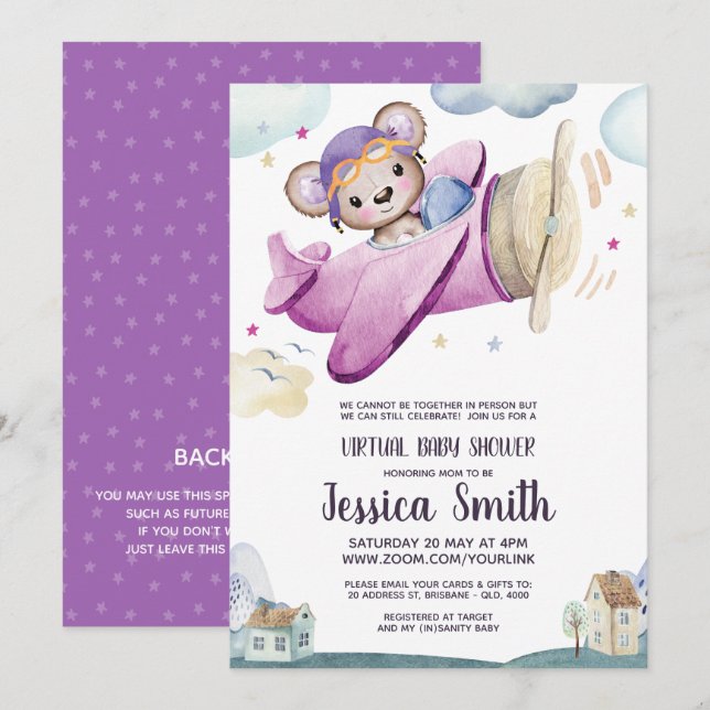 Nalle Flygplan | Virtuella babyskor Inbjudningar (Fram/baksida)