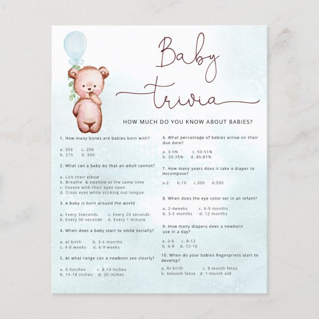 Nalle för Baby Facts Trivia Game Baby Shower (Framsida)