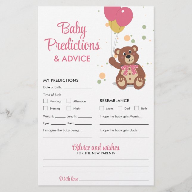 Nalle för baby-förutsägelser och Rosa-rådgivning Flygblad (Framsidan)