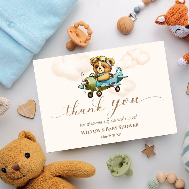 Nalle för babydusch på det vismliga planet tack kort (Whimsical Airplane Teddy Bear Baby shower Thank You Card)