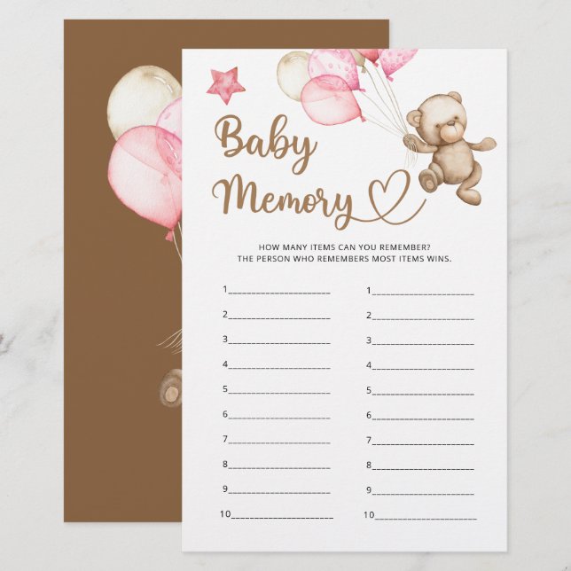 nalle för babyduschspel för Baby-minnen (Fram/baksida)