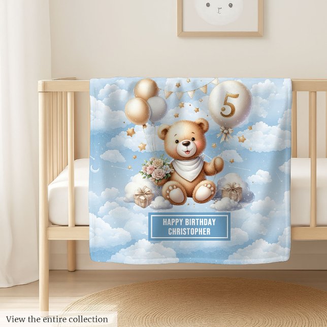 Nalle för eget namn för femte födelsedag fleecefilt (Custom name teddy bear blanket for 5th birthday)