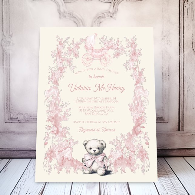 Nalle för Rosa Blommigt  Carriage Baby Shower Inbjudningar (Skapare uppladdad)