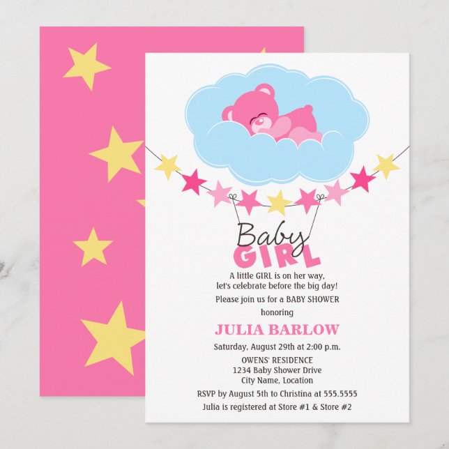 Nalle för Rosa Girl Girl i Cloud Baby Shower Inbjudningar (Fram/baksida)