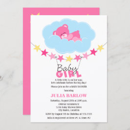 Nalle för Rosa Girl Girl i Cloud Baby Shower Inbjudningar