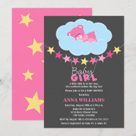 Nalle för Rosa Girl Girl i Cloud Baby Shower Inbjudningar