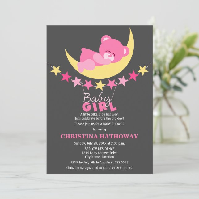 Nalle för Rosa Girl på Måne Baby Shower Inbjudningar (Stående Fram)