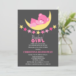 Nalle för Rosa Girl på Måne Baby Shower Inbjudningar