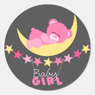 Nalle för Rosa Girl på Måne Baby Shower Runt Klistermärke