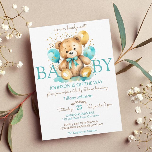 Nalle för tidig väntan på akvusblått babydusch inbjudningar (Cute teddy bear with balloons bearly wait baby shower template invitation instant download teal gold)