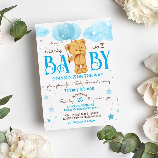 Nalle för tidig väntan på blått och brunt babydusc inbjudningar (Teddy bear bearly wait baby shower template invitation instant download it's a boy blue and brown)