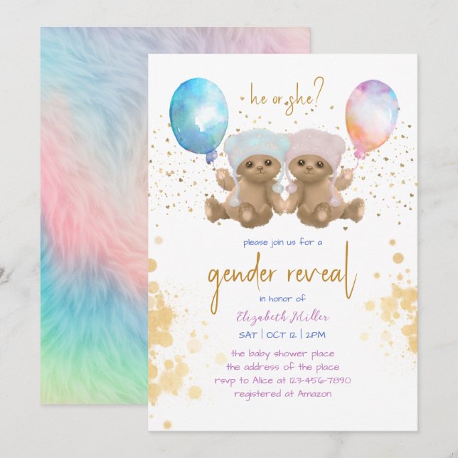 Nalle för vattenfärgbubblor,  för nunyttigt Gender Inbjudningar (Fram/baksida)