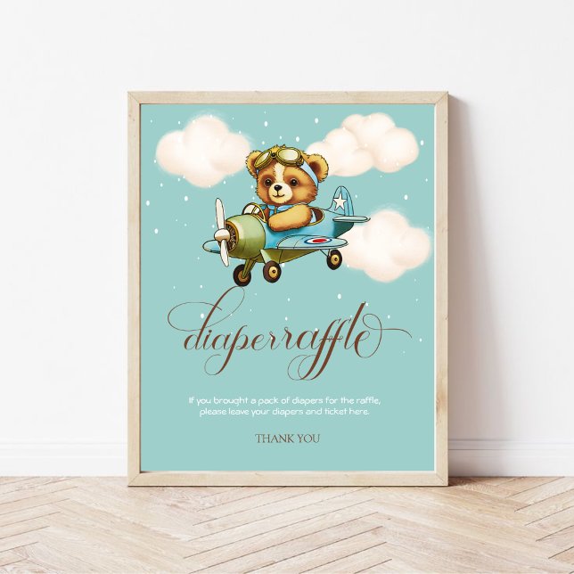 Nalle för vimmiskt flygplan - hårklyfta poster (Whimsical Airplane Teddy bear Diaper Raffle Poster)