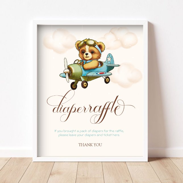 Nalle för vimmiskt flygplan - hårklyfta poster (Whimsical Airplane Teddy bear Diaper Raffle Poster)