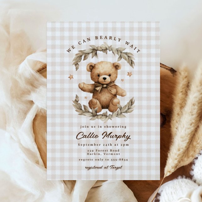 Nalle Gingham Barly Wait Leafy Baby Shower Inbjudningar (Skapare uppladdad)
