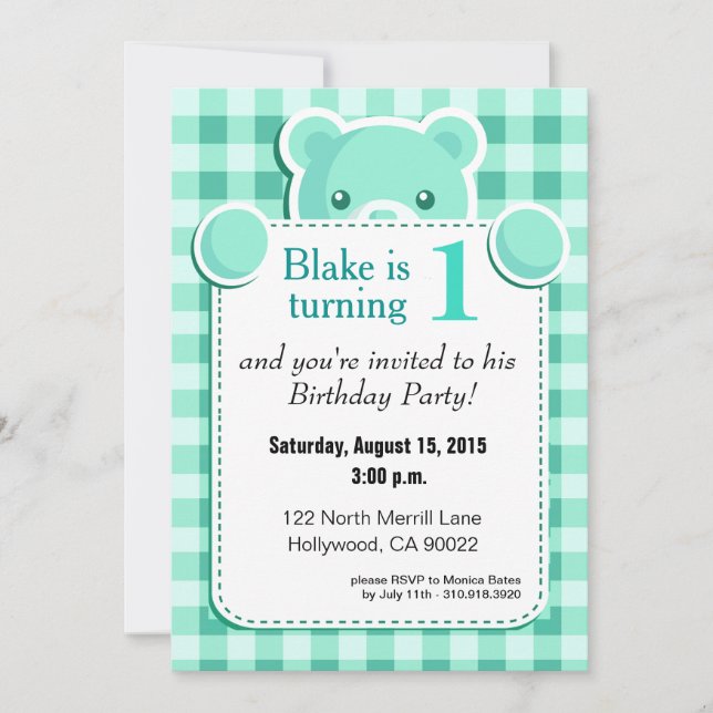 Nalle Gingham Plaid Birthday| grönt av mynta Inbjudningar (Framsida)