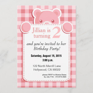 Nalle Gingham Plaid Birthday rosa Inbjudningar