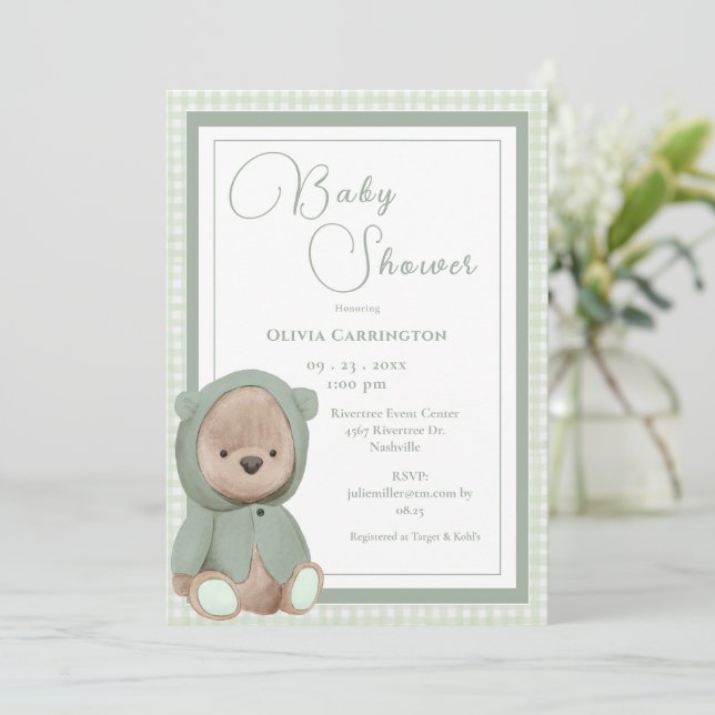 Nalle Gingham Retro Baby Shower Inbjudningar (Stående Fram)
