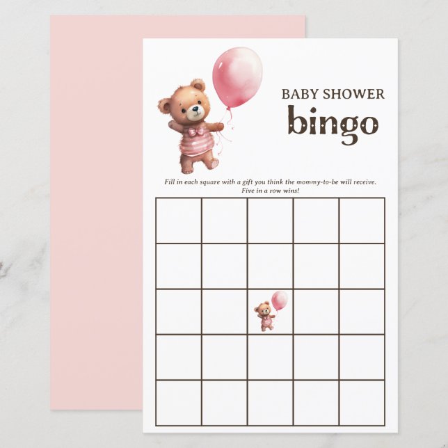 Nalle Girl Baby Shower Bingo Game (Fram/baksida)