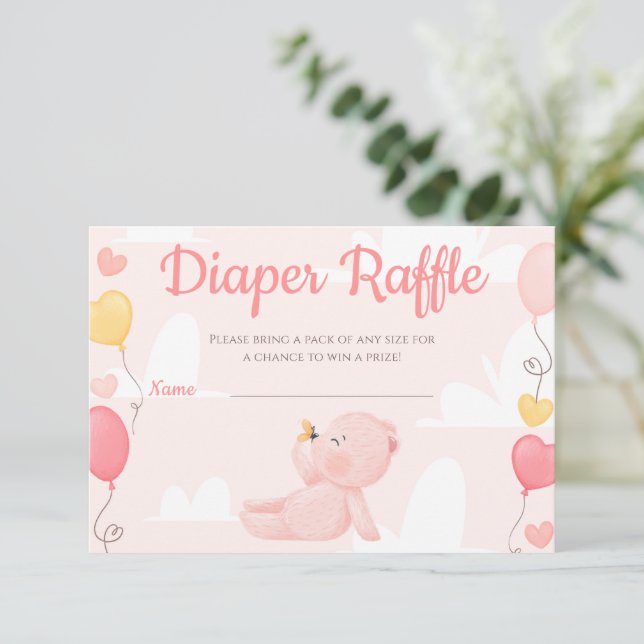 Nalle Girl Baby Shower Diaper Raffle Card Inbjudningar (Stående Fram)