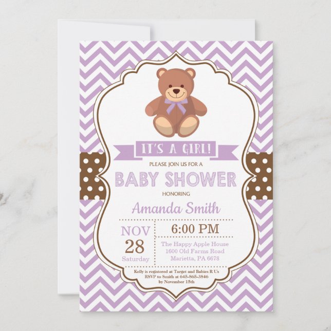 nalle Girl Baby Shower Lila Chevron Inbjudningar (Framsida)