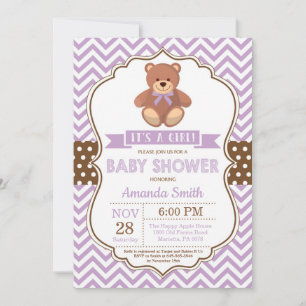 nalle Girl Baby Shower Lila Chevron Inbjudningar