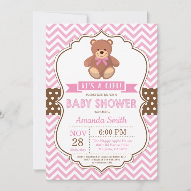 nalle Girl Baby Shower Rosa Chevron Inbjudningar (Framsida)